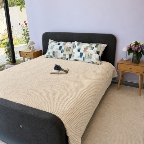 Pled tricotat din bumbac bej deschis F6 160x220 cm model spic