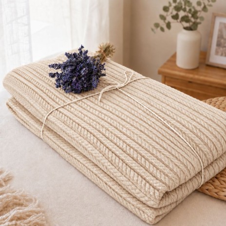 pled tricotat din bumbac crem fildes F35 160x220 cm cu model spic