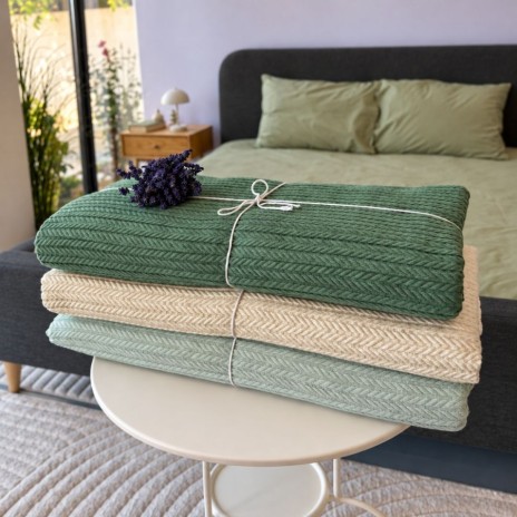 pled tricotat din bumbac crem fildes F35 160x220 cm cu model spic