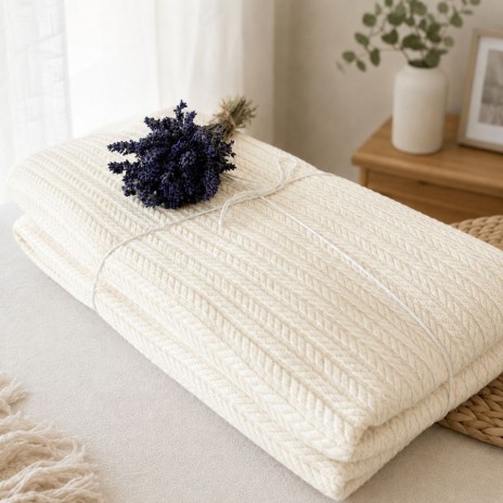 Pled tricotat din bumbac crem 160x220 cm cu model spic