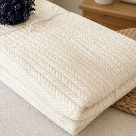 Pled tricotat din bumbac crem 160x220 cm cu model spic
