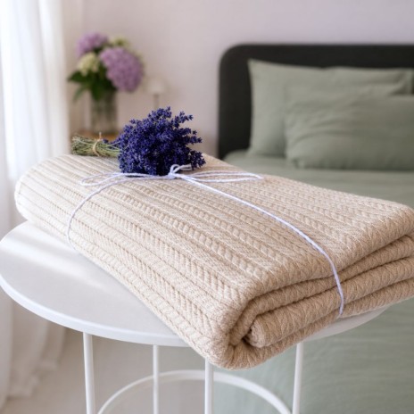 Pled tricotat din bumbac gri-bej160x220 cm cu model spic