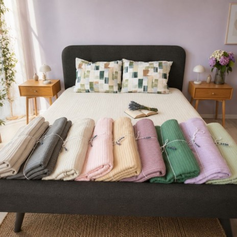 Pled tricotat din bumbac gri-bej160x220 cm cu model spic