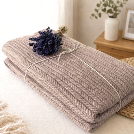 pled tricotat din bumbac maro deschis 160x220 cm cu model spic