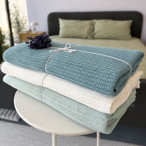 pled tricotat din bumbac verde eucalipt F23 160x220 cm cu model spic