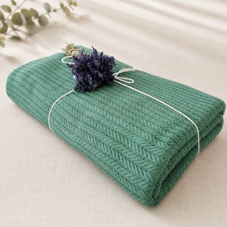 pled tricotat din bumbac verde 160x220 cm cu model spic