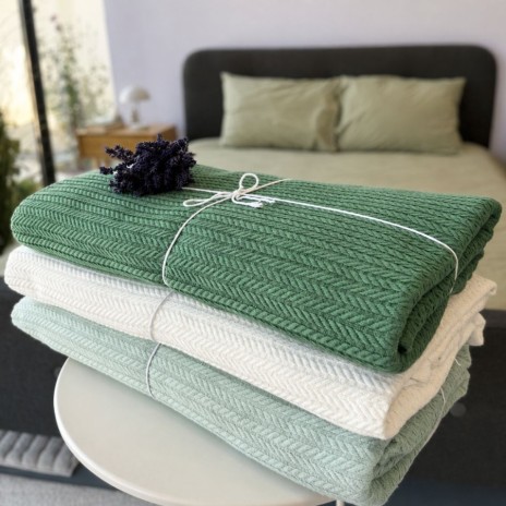 pled tricotat din bumbac verde 160x220 cm cu model spic