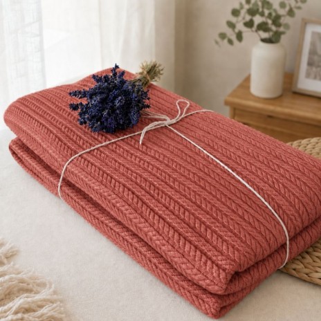 pled tricotat din bumbac caramiziu F28 220x240 cm model spic