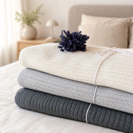 Pled tricotat din bumbac 100% crem 220x240 cm cu model spic