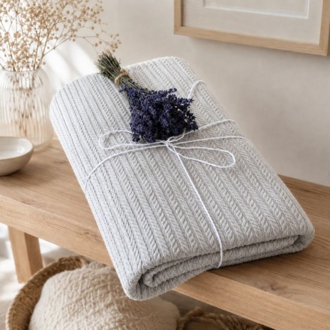 Pled tricotat din bumbac 100% gri deschis 220x240 cm cu model spic