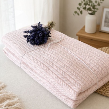 Pled tricotat din bumbac 100%, roz 220x240 cm cu model spic