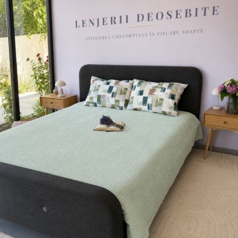 Pled tricotat din bumbac 100% verde menta 220x240 cm cu model spic