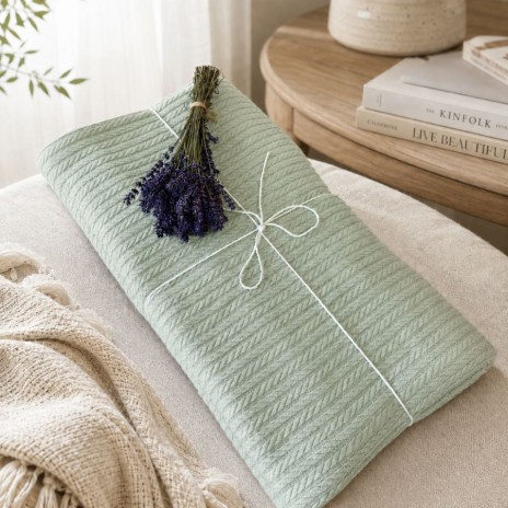 Pled tricotat din bumbac 100% verde menta 220x240 cm cu model spic