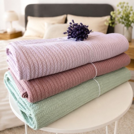 Pled tricotat din bumbac 100% verde menta 220x240 cm cu model spic