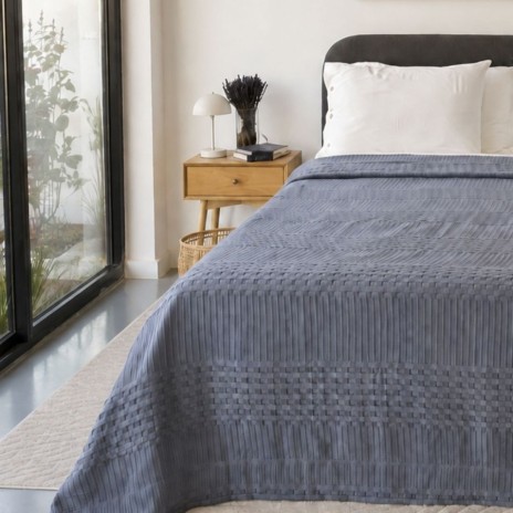 Pled waffle gri din bumbac 100%, 220x240 cm, cu textura gofrata geometrica