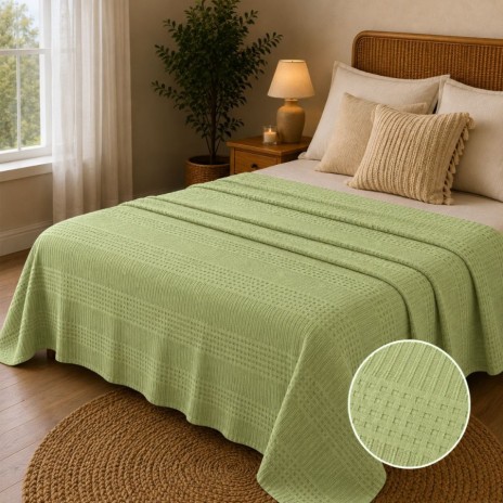 Pled waffle verde din bumbac 100%, 220x240 cm, cu textura gofrata geometrica
