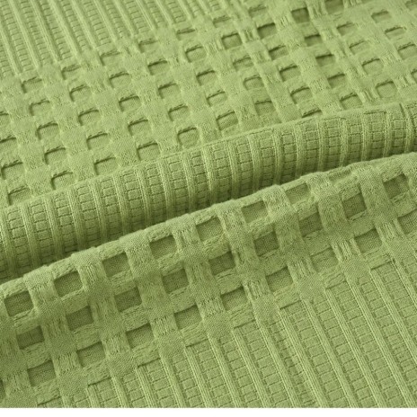 Pled waffle verde din bumbac 100%, 220x240 cm, cu textura gofrata geometrica