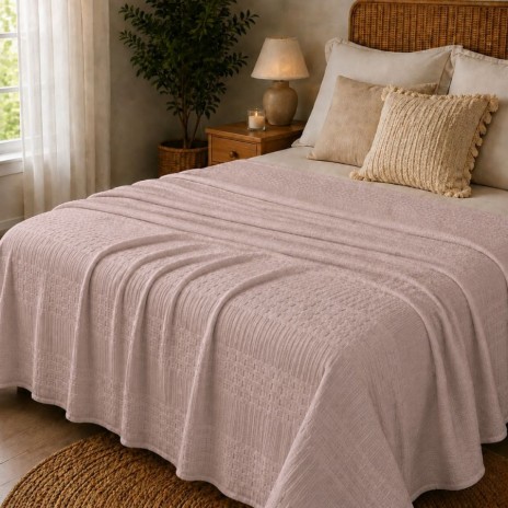 Pled waffle roz pudra din bumbac 100%, 240x260 cm, cu textura gofrata geometrica
