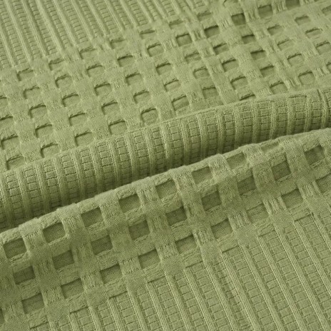 Pled waffle verde din bumbac 100%, 240x260 cm, cu textura gofrata geometrica