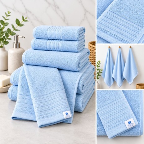 prosop bleu 50x90 cm din bumbac 100% pieptanat 600 g/mp cu bordura decorativa cu linii