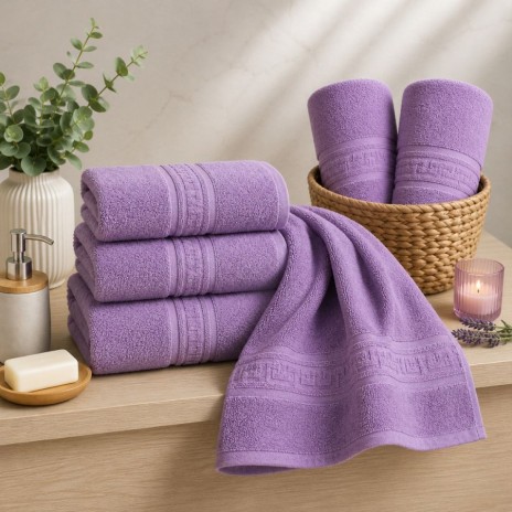 Prosop bumbac 100% lila pastel cu bordura greceasca 30x50 cm