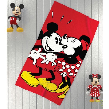 Prosop Disney Mickey și Minnie Mouse cu personaje în culori roșu, negru, alb și galben, cu desene animate detaliate.