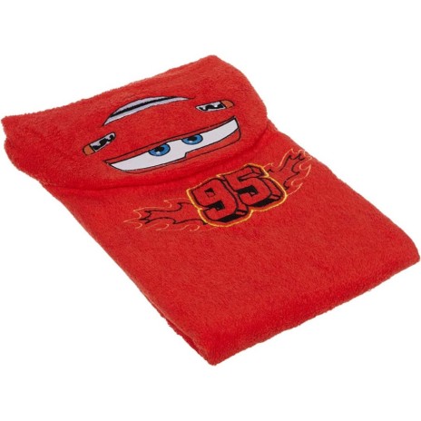 Prosop Disney pentru copii cu glugă, cu Fulger McQueen din filmul Cars, în culoare roșie, din bumbac 100%, cu detalii negre și steaguri de curse.