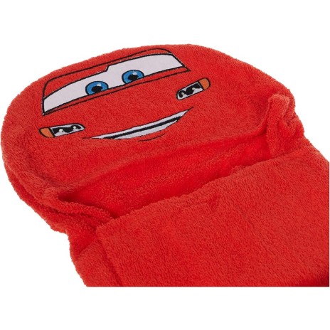 Prosop Disney pentru copii cu glugă, cu Fulger McQueen din filmul Cars, în culoare roșie, din bumbac 100%, cu detalii negre și steaguri de curse.