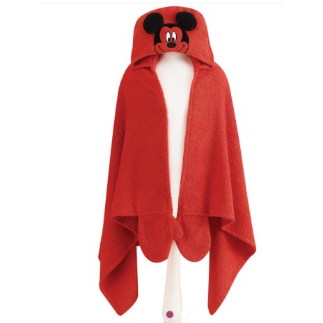 Prosop Disney pentru copii cu glugă, cu Mickey Mouse, în culoare roșie, din bumbac 100%, cu detalii negre și fața lui Mickey.