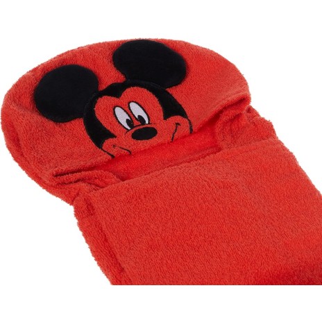 Prosop Disney pentru copii cu glugă, cu Mickey Mouse, în culoare roșie, din bumbac 100%, cu detalii negre și fața lui Mickey.