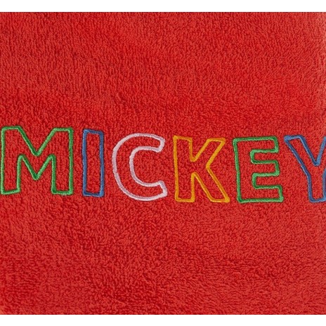 Prosop Disney pentru copii cu glugă, cu Mickey Mouse, în culoare roșie, din bumbac 100%, cu detalii negre și fața lui Mickey.