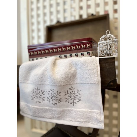 Prosop Craciun cu broderie 30x50cm, bumbac 100%, Fulgi de zapada