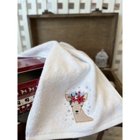 Prosop Craciun cu broderie 30x50cm, bumbac 100%, Caprioara