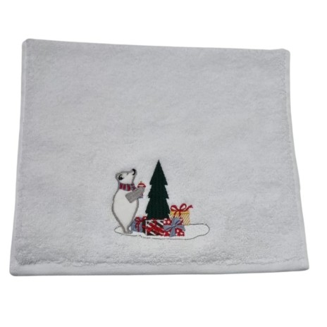 Prosop Craciun cu broderie 30x50cm, bumbac 100%, Urs cu cadouri