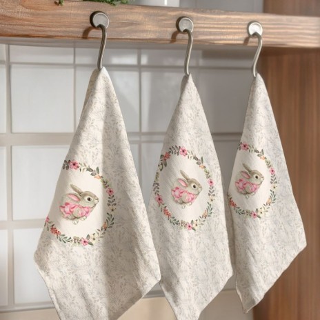 Prosop de bucatarie 45x65 cm bumbac 100 model Cena cu iepuras si coronita florala