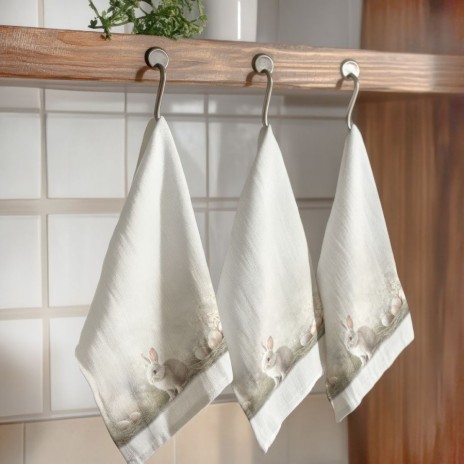 Prosop de bucatarie 45x65 cm bumbac 100 model Cleos cu iepuras si decor rustic natural