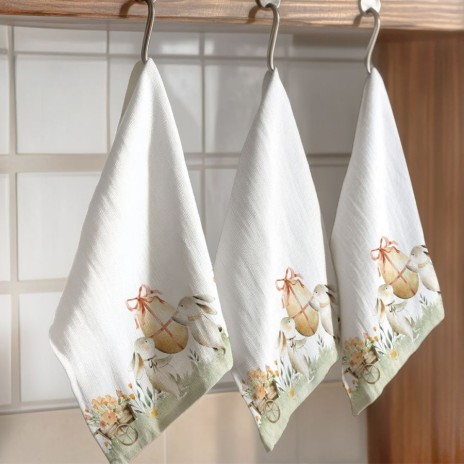 Prosop de bucatarie 45x65 cm bumbac 100 model Londy cu iepuras si flori de primavara