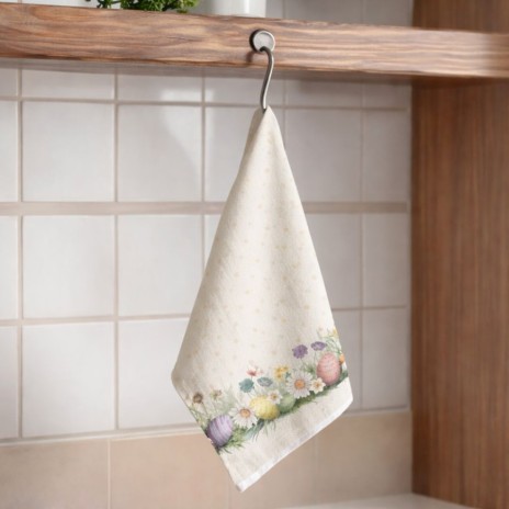 Prosop de bucatarie 45x65cm Paste bumbac 100% Egly cu flori de primavara si oua pastelate