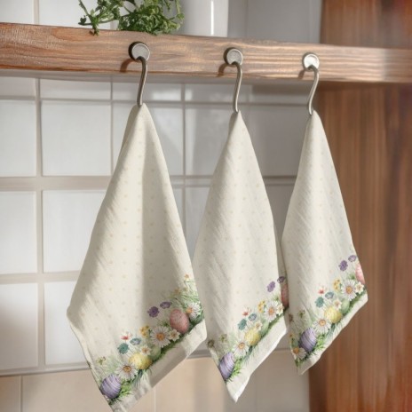 Prosop de bucatarie 45x65cm Paste bumbac 100% Egly cu flori de primavara si oua pastelate