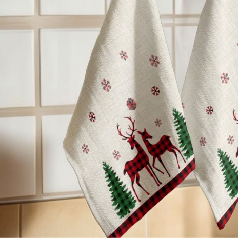 Prosop bucatarie Craciun Santa 40x65cm din bumbac 100% cu reni si brazi