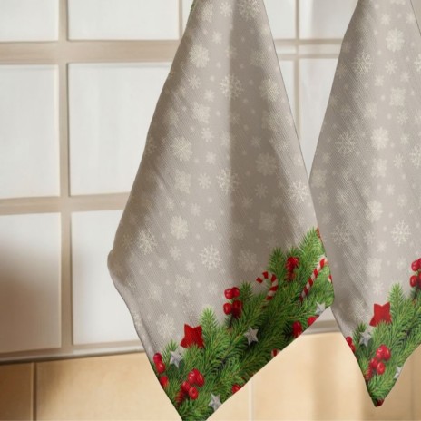 Prosop de bucatarie Craciun cu crengute de brad si bomboane, model Wells