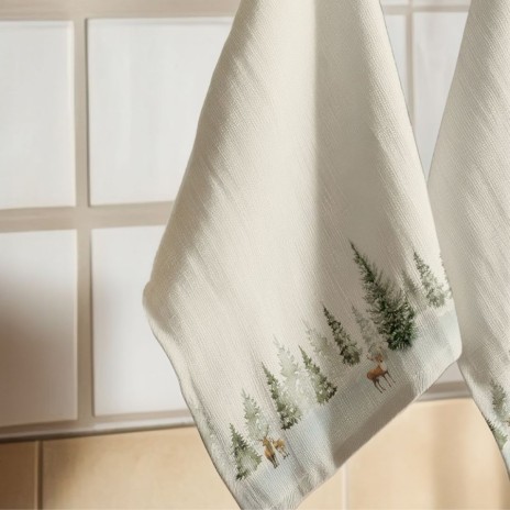 Prosop bucatarie craciun pine bumbac 100% cu brazi si reni