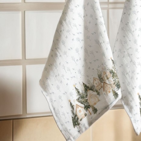 Prosop bucatarie craciun snowy bumbac 100 cu brazi si casute
