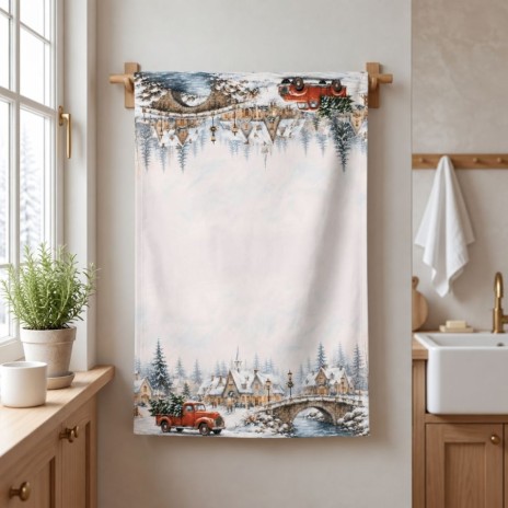 Prosop bucatarie Craciun Home for Christmas 40x65 cm cu peisaj de iarna, sat inzapezit, pod si camioneta rosie