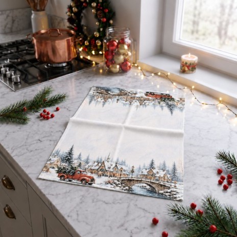 Prosop bucatarie Craciun Home for Christmas 40x65 cm cu peisaj de iarna, sat inzapezit, pod si camioneta rosie