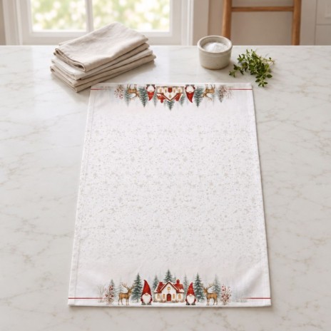 Prosop bucatarie Craciun Koa 40x65 cm crem cu gnomi, casuta inzapezita, reni si brazi