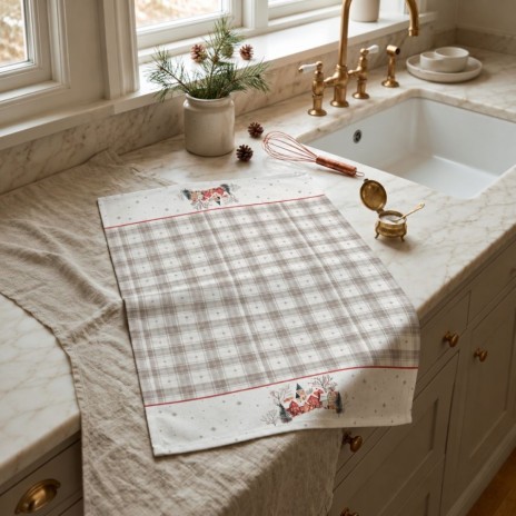 Prosop bucatarie Craciun Lucca 40x65 cm din bumbac cu carouri gri-bej si casute inzapezite