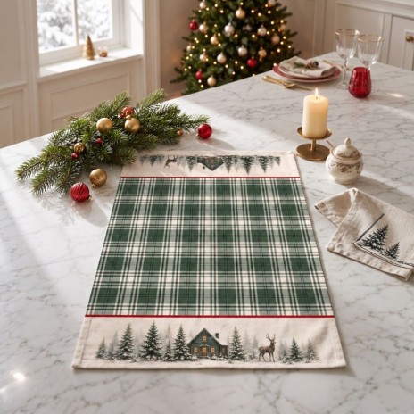 Prosop bucatarie Craciun Vanya 40x65 cm din bumbac cu carouri verzi, cabana, ren si brazi inzapeziti