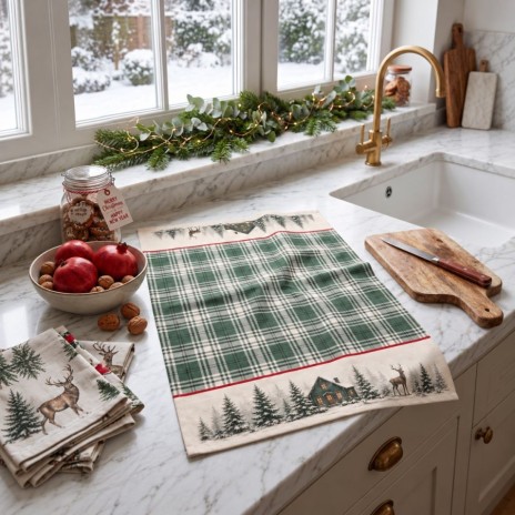 Prosop bucatarie Craciun Vanya 40x65 cm din bumbac cu carouri verzi, cabana, ren si brazi inzapeziti