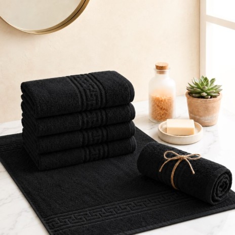 prosop negru din bumbac 100% 70x140 cm 500 gr mp cu bordura decorativa greceasca